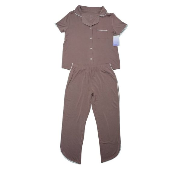 Women's short sleeve button down pajama set with pants in brown, size XS, NWT - Picture 1 of 8